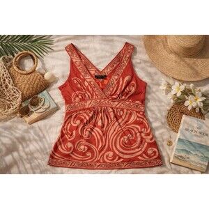 BCBGMAXAZRIA Y2K Red Beige Swirl Print Sleeveless V-Neck Tunic Top Size